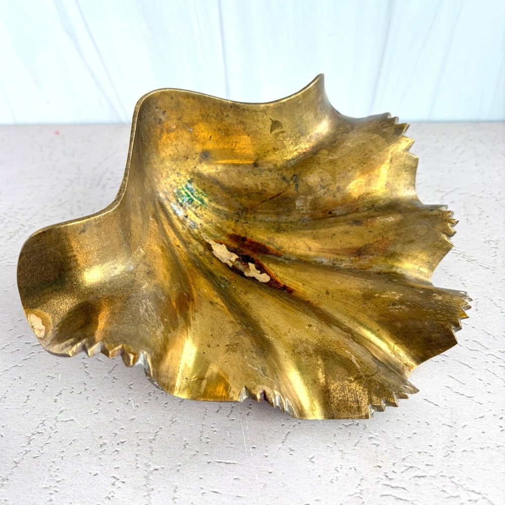 Vintage Solid Brass Clam Shell Dish Scalloped Footed Catchall 8.5in